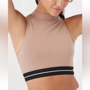 Y2K Vtg FOREVER21 Retro SportsBra Boho Striped Mock Neck Crop Top Brown